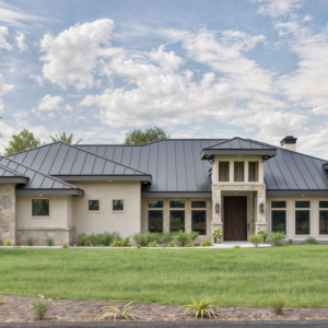 Exterior rendering of a luxurious Hill Country home plan with 4,776 sqft, featuring a striking architectural design, spacious open-concept living areas, and a main-floor master suite.