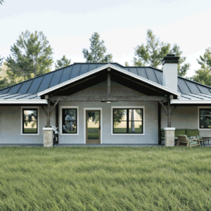 Floor-to-ceiling windows invite abundant natural light, while the masonry finishes add warmth and character to this timeless design.