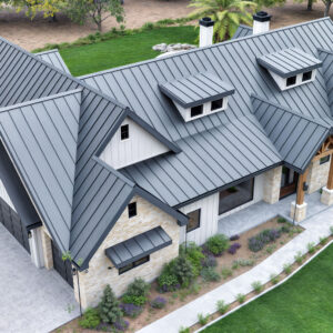 Rendering of a 4-bedroom single-story Modern American Farmhouse with a welcoming front porch, pitched roof, and modern rustic charm."