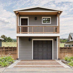 Exterior view of a Tiny Home Duplex Plan, designed for functionality and comfort, perfect for small families or as a rental property on a narrow lot.