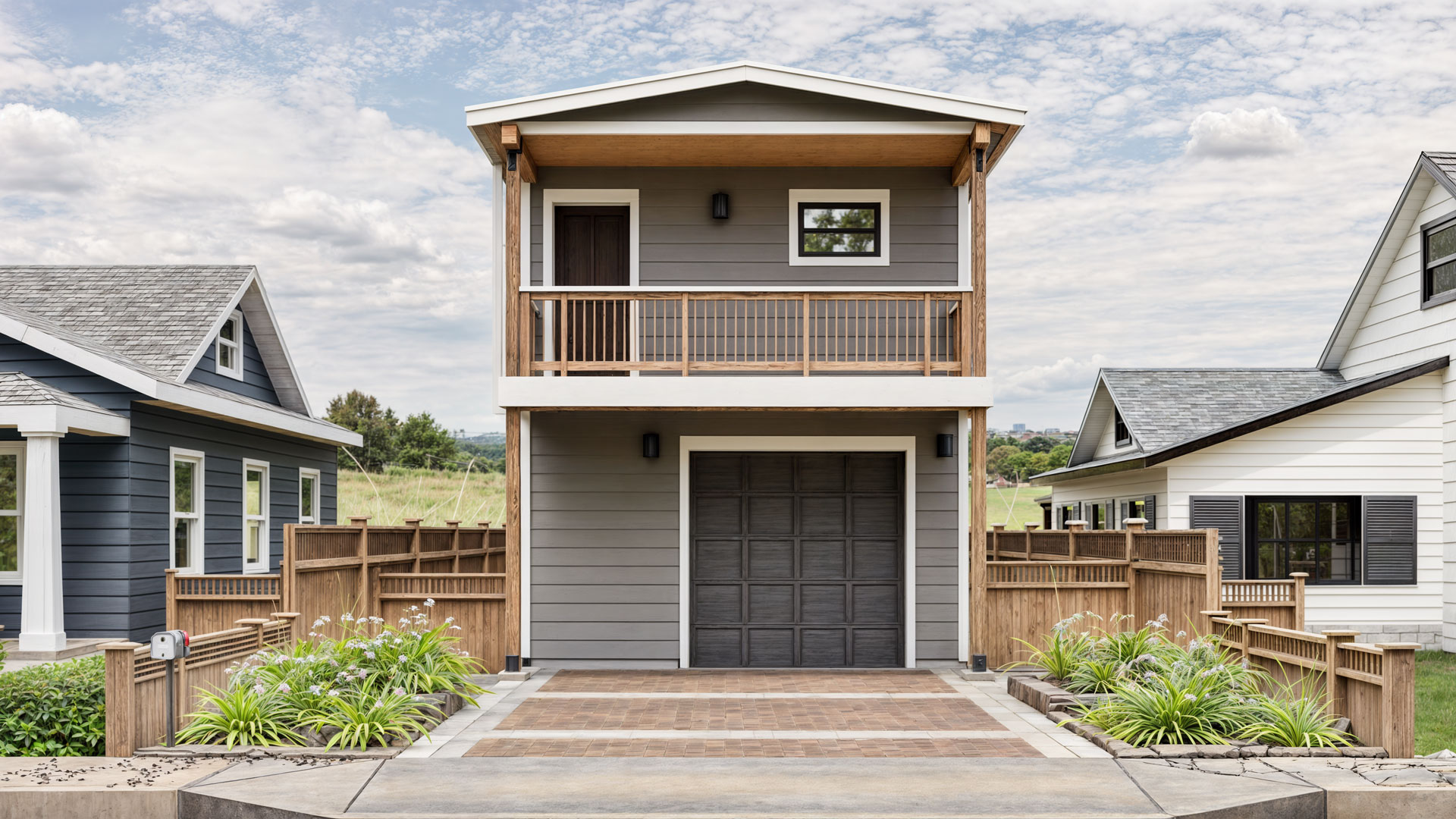 Image1-24015 Exterior view of a Tiny Home Duplex Plan, designed for functionality and comfort, perfect for small families or as a rental property on a narrow lot.